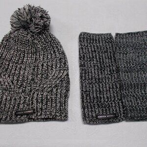 Rebecca Minkoff black and white marled pom-pom beanie and gloves